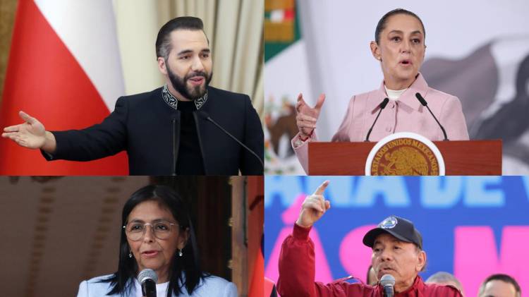 Combo de fotografías que muestra a los presidentes de El Salvador, Nayib Bukele (arriba-i), de México, Claudia Sheinbaum (arriba-d), de Nicaragua, Daniel Ortega (abajo-d), y la presidenta encargada de Venezuela, Delcy Rodríguez (abajo-i).