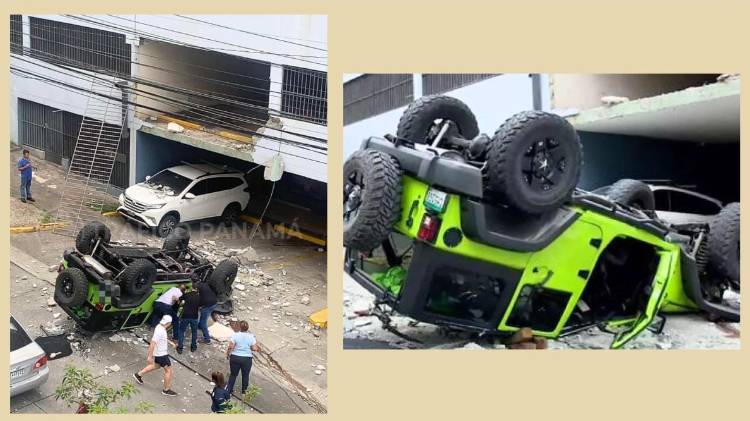 El auto tipo jeep cayó de la primera planta del estacionamiento.