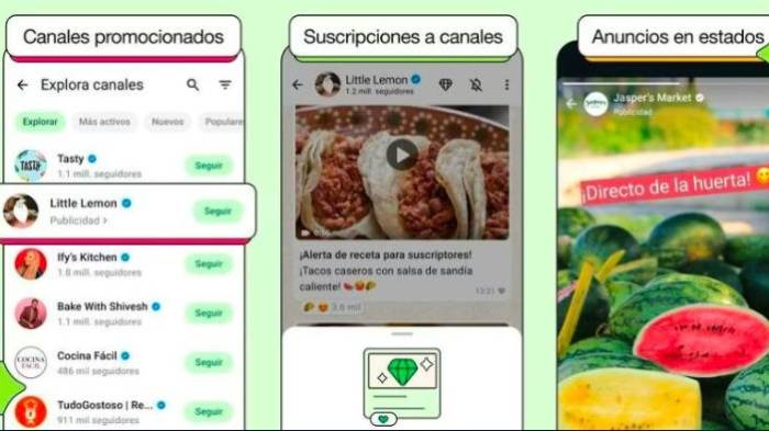 Capturas de pantalla que muestran cómo aparecerá la publicidad en la aplicación de mensajería WhatsApp.