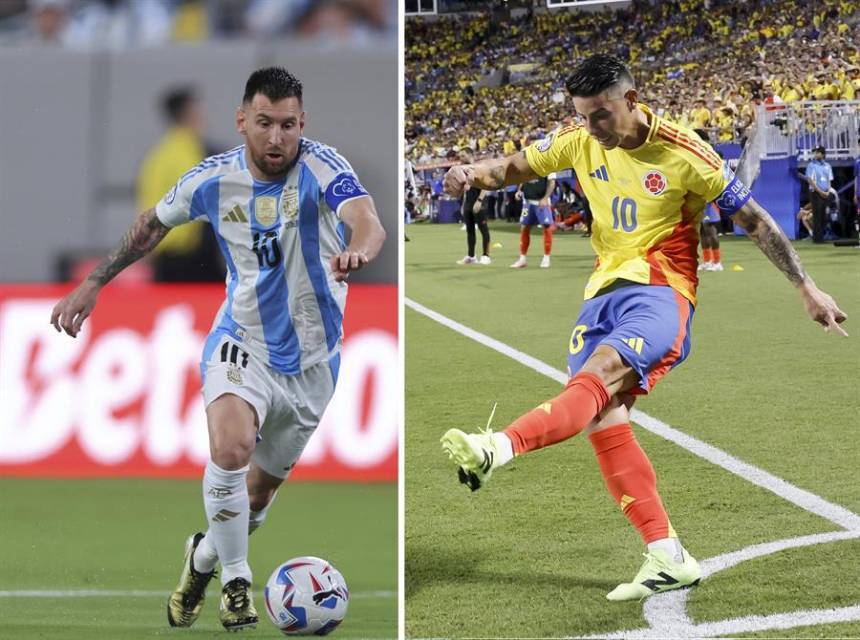 Combo de dos fotografías del jugador argentino Lionel Messi (i) y el colombiano James Rodríguez. Messi contra Rodríguez.