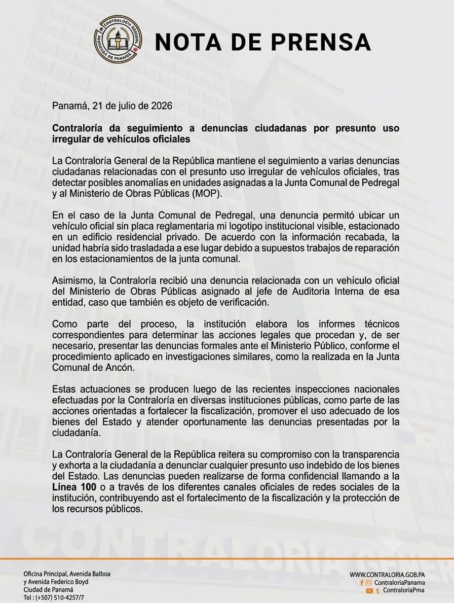 Contraloría investiga denuncias por presunto uso irregular de vehículos oficiales