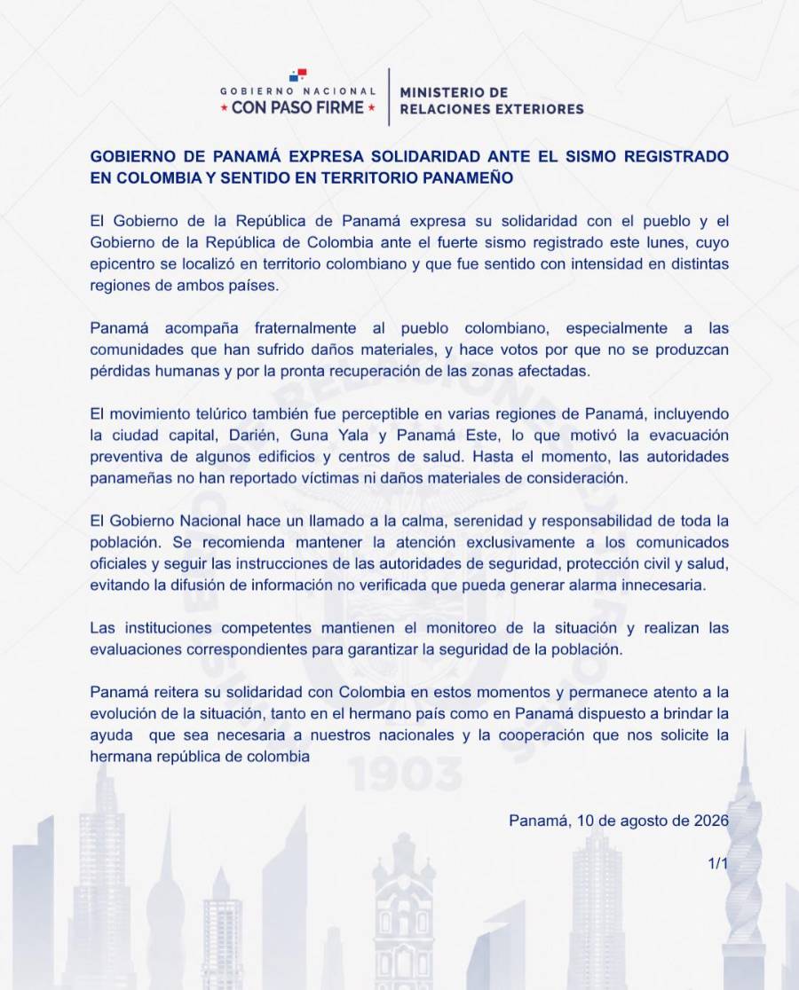 Panamá expresa solidaridad con Colombia tras terremoto registrado este lunes
