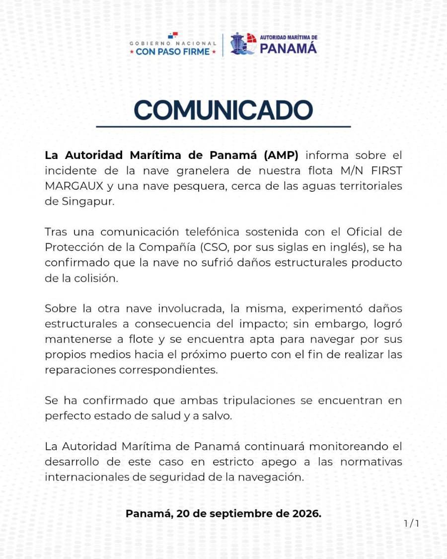 AMP confirma que buque panameño no sufrió daños tras colisión cerca de Singapur