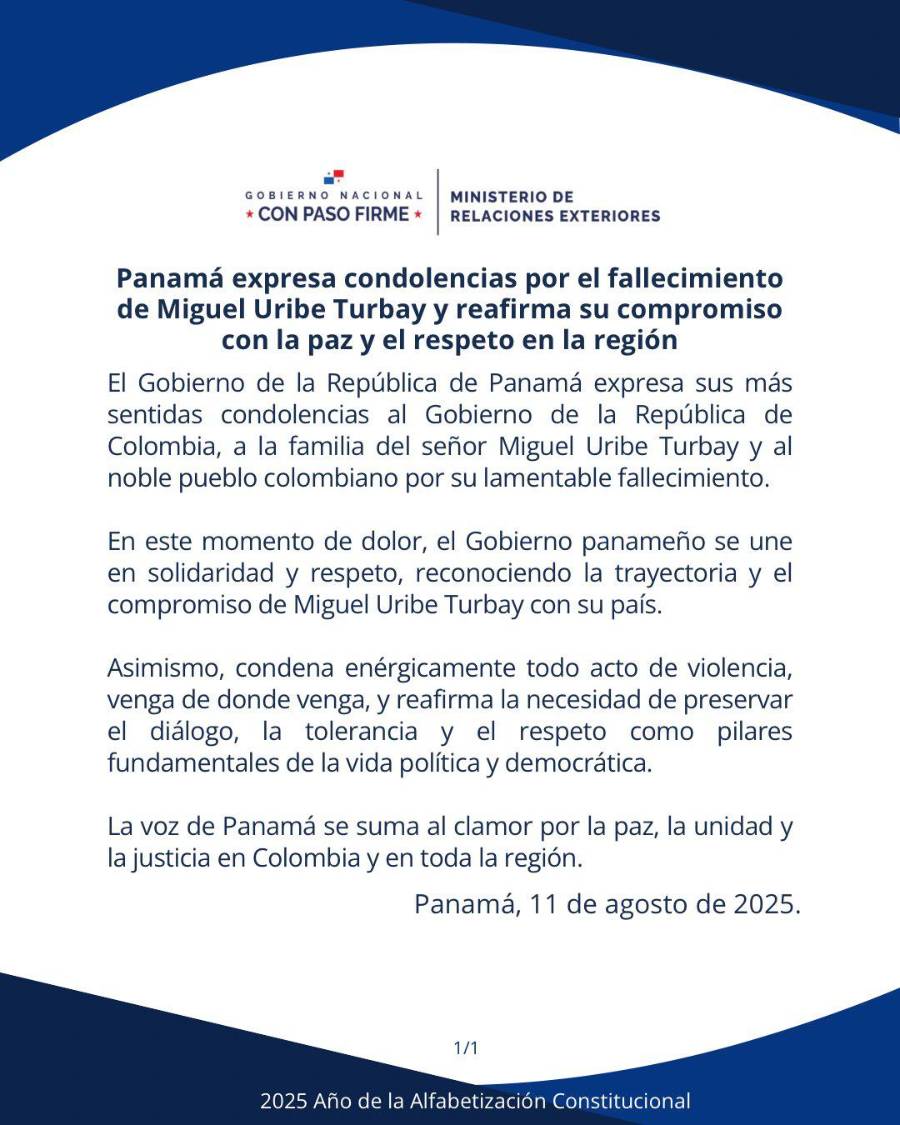 Panamá lamenta muerte de Miguel Uribe Turbay