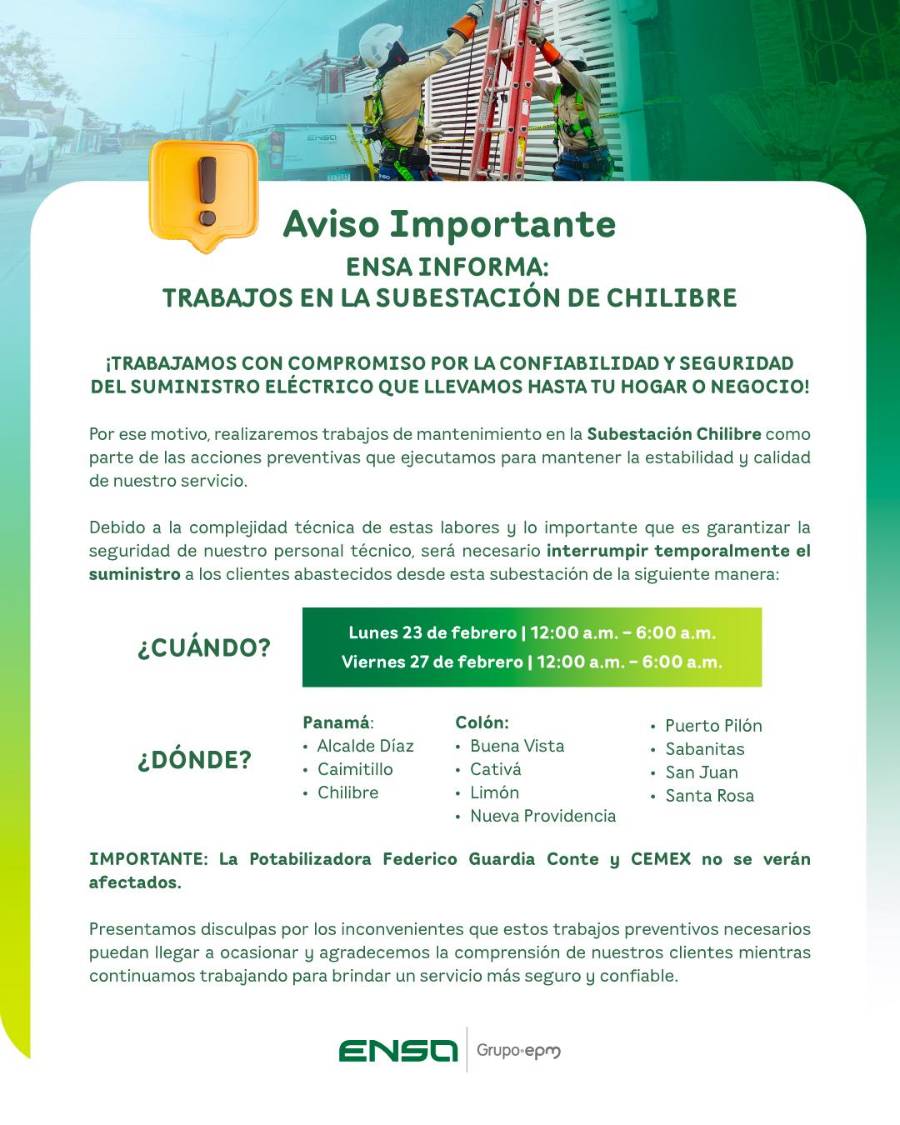 ENSA suspenderá servicio en Panamá y Colón