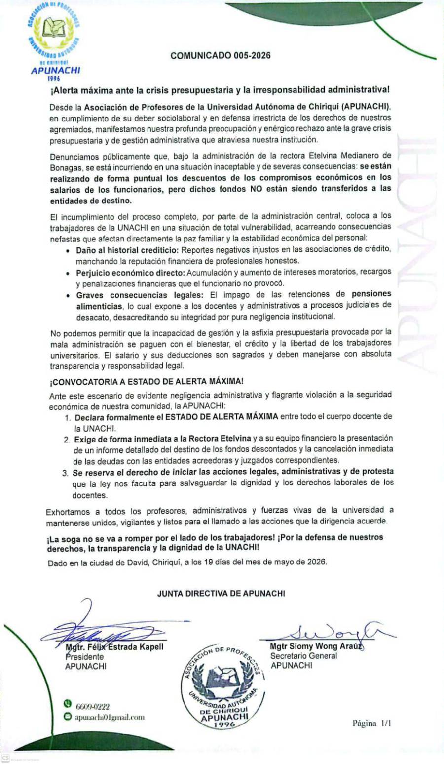 UNACHI | Profesores declaran “alerta máxima” por crisis presupuestaria