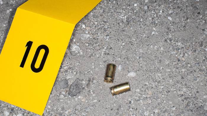 Crime Evidence Photo Taken By Forensics at Crime scene: Bullet Shells Found Next to a Body of Victim Shot Dead. Caliber Needs to be Compared to the Murder Weapon. Realistic Picture For Police Show