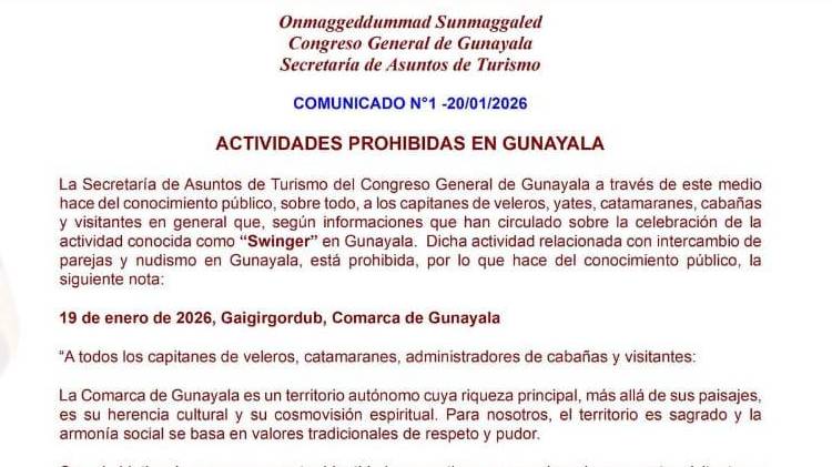 Comunicado oficial del Congreso General de Gunayala en el que se prohíben fiestas swinger y actividades sexuales en el territorio comarcal.